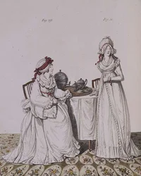 To damer til morgenmad i deres omklædningsrum, iført nathætter og peignoirs, fra Nikolaus Heideloffs `` Gallery of Fashion 