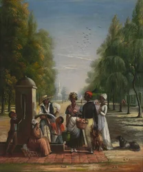 Tjenere ved en pumpe, ca. 1840 (olie på lærred)
