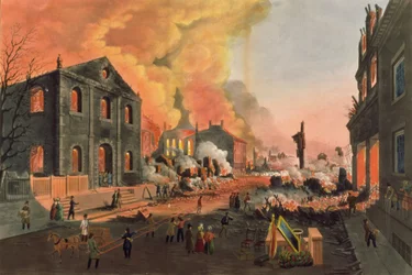 Udsigt over ruinerne efter den store brand i New York, 16.-17. december 1835, indgraveret af W.I. Bennett, pub. af L.P. Glover, New York, 1835 (farveakvatint)