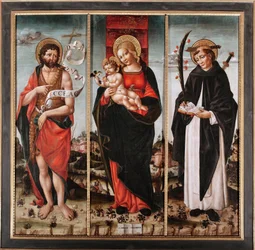 Jomfru og barn mellem Johannes Døberen og Sankt Peter af Verona (Pietro Martire eller Pietro da Verona, ca. 1205-1252) (Jomfru med barn med Johannes Døberen og Peter af Verona) Triptyqye (Triptykon) Maleri af Niccolo da Cremona