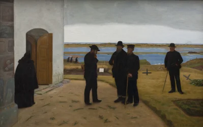 Mennesker uden for en kirke. Harboøre, Jylland