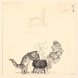 Illustration til "Den tykke kat" samt skitse