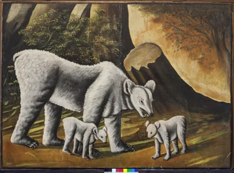 En hun-bjørn med babybjørne af Pirosmani, Niko (1862-1918). Olie på voksdug, størrelse: 100x139