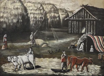 Tærskegård. Aften (terrain de battage, le soir) af Pirosmani (Pirosmanashvili), Niko (1862-1918). Olie på pap, størrelse: 77x106