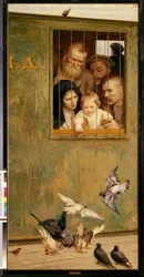 Livet er overalt. (Fra vinduet på en vogn med jernstænger kaster et barn omgivet af smilende ansigter krummer efter fugle). Maleri af Nikolai Alexandrovich Yaroshenko (Yarochenko) (1846-1898), olie på lærred