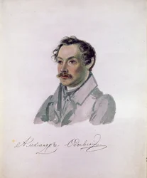 Portrait du poete et decabriste Comte Alexander I.Odoevsky (1802-1839) (decabrisme) (Portræt af digteren, decembrist-grev Alexander I. Odoevsky). Peinture af Nikolai Alexandrovich Bestuzhev (1791-1855). Aquarelle sur papier, 22,2 x 17,8 cm