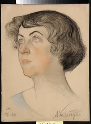 Portræt af Alexandra Mikhailovna Kollontai (1872-1952), russisk kommunist og sovjetisk politiker (Alexandra M. Kollontai) - Tegning af Nikolai Andreevich Andreev (1873-1932) blod og kridt på papir (32,2x24,3 cm)