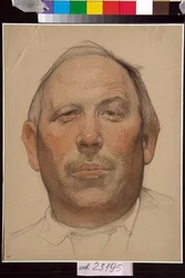 Portræt af Demian Bedny (1883-1945) - Oeuvre af Nikolai Andreevich Andreev (1873-1932), sanguine et craies sur papier (32x24,2 cm), vers 1920 - (Portræt af Demyan Bedny, af Nikolay Andreyevich Andreyev, sangvinsk, sort og hvidt kridt på papir