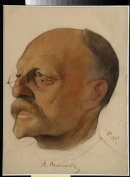 Portræt af Vikenti Vikentyevich Smidovitch, dit Vikenti Veressaiev (1867-1945), russisk læge og forfatter (Vikenty Vikentyevich Veresaev) - Tegning af Nikolai Andreevich Andreev (1873-1932) sangvin og farveblyanter på papir (32,5x24 cm)