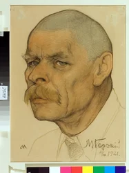 Portræt af den russiske forfatter Maxime Gorky (1868-1939) - Værk af Nikolai Andreevich Andreev (1873-1932), blod og kridt på papir (32,6x24,3 cm)
