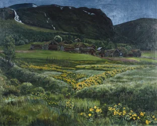 Juninat og gammel vestnorsk gård (olie på lærred)