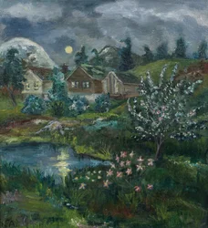 Forårsaften med fuldmåne (olie på lærred)