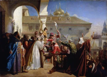 Moskva-oprøret i 1682 eller Stretlet-oprøret i 1682: Tsarina Natalia Narychkina (Nathalie Narychkine) (1651-1694) der viser Ivan V (1666-1696) til streltsyen - Maleri af Nikolai Dmitrievich Orenburg Dmitrievich Dmitrievich