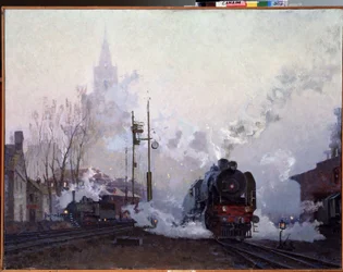 På vejen (på vej). Damplokomotiver drukner bylandskabet i røgen fra deres skorstene. Maleri af Nikolai Dmitryevich Kuznetsov (1923-1974), olie på lærred