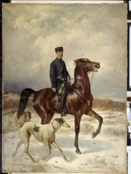 Jægeren (Jægeren). Til hest og ledsaget af sine Barzoi-hunde (russisk mynde). Maleri af Nikolai Yegorovich Sverchkov (Nicolas Swertschkoff) (1817-1898), olie på lærred. russisk kunst
