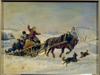Fastelavn (fastelavn). (Efter festlighederne ledsager en kvinde de fulde mænd på hendes hestetrukne slæde). Maleri af Nikolai Yegorovich Sverchkov (Nicolas Swertschkoff) (1817-1898), olie på lærred. russisk kunst