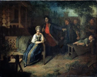Røveren Yegor Bashlyk kidnapper købmandens kone Grunya. Maleri af Nikolai Mikhailovich Alexeyev (1813-1880). Olie på lærred, 77,7 x 99,2 cm