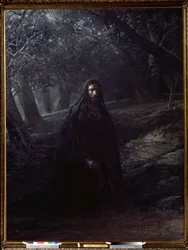 «Kristus i olivenhaven»: Jesus på Oliebjerget (eller Getsemane-højen), med udsigt over Jerusalem, går væk fra de sovende disciple for at bede før sin arrestation. Maleri af Nikolaj Nikolajevitj Ge (Gay) (1831-1894), 1869-1880, Statens Tretjakovgalleri