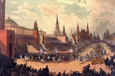 Album fra kroningen af Ruslands zar Alexander 3. (1845-1894) og kejserinde Maria Fjodorovna (Dagmar af Danmark) (1847-1928) - Alexander 3.s ceremonielle indtog på Den Røde Plads (fra Kroningsalbummet)