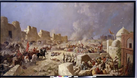 Den russiske hær invaderer Samarkand (Usbekistan) (Den russiske hær invaderede Samarkand). Periode med russisk ekspansion til Centralasien, russerne indtager Samarkand i 1868. Maleri af Nikolai Nikolayevich Karasin (1842-1908), olie på lærred 1888. Kunst
