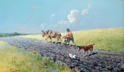 ""pløjer"" Bonde pløjer sine marker, Rusland Maleri af Nikolai Nikolayevich Karasin (1842-1908) 1899 Dim 16,5x27,5 cm Privat samling