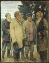 Leo Tolstoj med bønder / pastel af Bogdanow-Bjelski