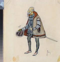 Forberedende kostume, The Miserly Knight, til teaterstykket ""The Avare Knight"" af Alexander Pushkin (1799-1837) (Kostumedesign til teaterstykket The Miserly Knight af A Pushkin) - Værk af Nikolai Pavlovich Ulyanov (Ulyanov) ( 1875-1949), cra