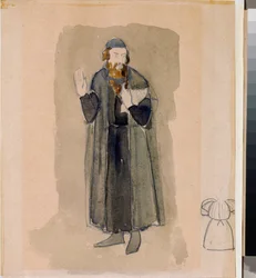 Forberedende kostume, ågermanden, til teaterstykket ""Avare-ridderen"" af Alexander Pushkin (1799-1837) (kostumedesign til teaterstykket The Miserly Knight af A Pushkin) - Værk af Nikolai Pavlovich Ulyanov (Ulyanov) (1875) -1949), blyant og