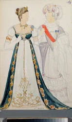 Forberedende kostumer, to kvinder, til operaen ""Eugene Oneguine"" af Piotr Tchaikovsky (1840-1893), blyant og akvarel på papir