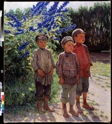 Garzons pausans (bondedrenge). Peinture af Nikolai Petrovich Bogdanov Belsky (Bogdanov-Belsky) (Bogdanov Belsky) (Bogdanov-Belsky) (1868-1945). Huile sir toile