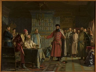 La querelle de Zakhary Petrovich Lyapunov (mort apres 1612) avec le tsar Vassili IV Chouiski (1552-1612) au Kremlin - Zakhary Lyapunovs skænderi med zar Vasili Shuisky i Kreml, af Nevrev, Nikolai Vasiich- (90430ev). Olie på lærred