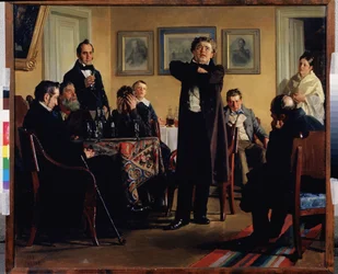 Skuespiller Pavel Mochalov (1808-1848) omgiver sine beundrere. (Skuespiller P. Mochalov blandt hans fans). Han betragtes som den største tragedier i det romantiske Rusland og fortolker en rolle i en privat salon, tilskuerne opmærksomme og grebet af følelse