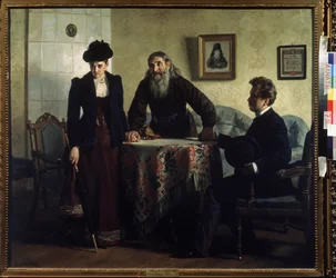 En remonstrans (en formaning). Et ægtepar i krise besøger en ortodoks præst og får en lektion i moralsk adfærd. Maleri af Nikolai Vasilyevich Nevrev (1830-1904), olie på lærred