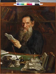 Leon Tolstoi - Portræt af forfatteren grev Lev Nikolayevich Tolstoy (1828-1910), af Orlow, Nikolai Vasilievich (1863-1924). Olie på lærred, slutningen af det 19. århundrede. Statens centrale litterære museum, Moskva