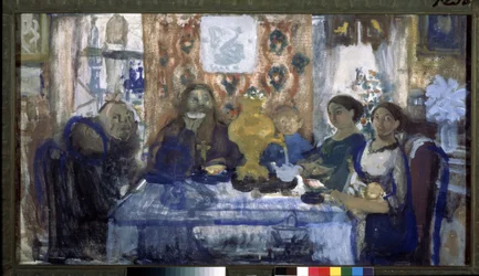 Drik te. En familie samlet omkring et bord med en samovar i midten. Værk af Nikolai Nikolayevich Sapunov (Sapunov) (1880-1912), tempera på pap