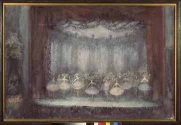 En ballet. (Teaterscene med ballerinaer in tutu). Værk af Nikolai Nikolayevich Sapunov (Sapunov) (1880-1912), tempera, kridt, sølv og bronze på pap
