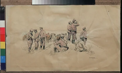 Resten af ​​en kavalerienhed. Værk af Nikolai Semyonovich Samokish (1860-1944), akvarel og blæk på papir, omkring 1915. Russisk kunst, 20. århundrede. State United Art Museum, Kostroma (russisk).