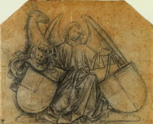En engel, der støtter to skilte, ca. 1470.