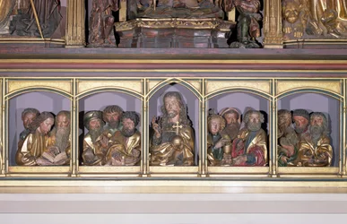 Træudskæringer af Kristus og de tolv apostle, fra predellaen af Isenheim-altertavlens retabel, ca. 1490 (malet træ)