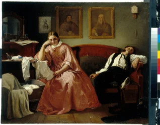 Den første måned (scene fra familielivet, et træt ungt par sygner hen i nærheden af ​​deres bibs vugge) (den første i måneden) - Maleri af Nikolai Andreyevich Koshelev (1840-1918), olie på lærred (61,4x73,6 cm) ) - Statens Tretyakov-galleri, Moskva