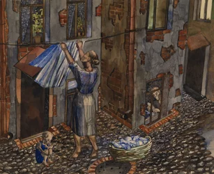 The Old Court - Værk af Nikolai Ivanovich Evgrafov (1904-1941), akvarel og blæk på papir (27,5x33,5 cm)