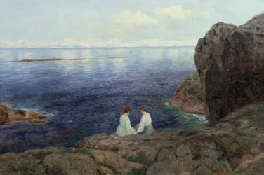 Stille sommeraften på den norske kyst (olie på lærred)