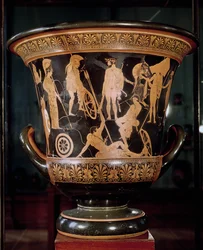 Attisk rød figur af bægerkrater, der forestiller Herkules iført en laurbærkrans med Athena og andre græske helte, ca. 450 f.Kr. (keramik)