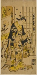 Skuespilleren Segawa Kikujiro I som Oshichi i stykket "Shochikubai Kongen Soga," opført på Ichimura Theatre i den tredje måned, 1732