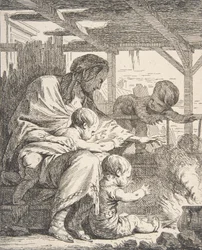 Familien varmer hænderne ved en ild, 1700-tallet., 1700-tallet.