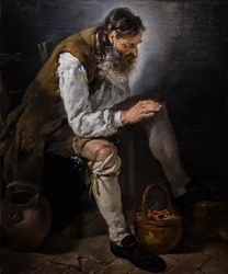 Vinter. Gammel mand varmer sine hænder ved et fyrfad, ca. 1747 (Olie på lærred)