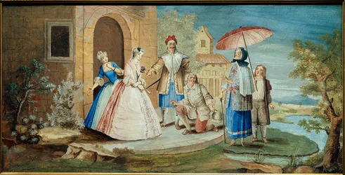 Komiker og dramatiker Jean Baptiste Poquelin dit Moliere (et knæ til jorden) og hans komikere i stykket Georges Dandin ou le mari forvirret””” i 1668. Julemaleri Coypel (1628-1707) 1668 Collection Jacques Lorcey
