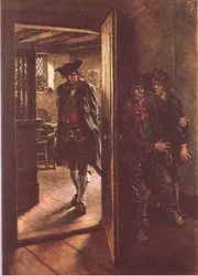 Vi var begge skjult af den åbne dør, fra Treasure Island udgivet af MacDonald 1947 (farve litho)