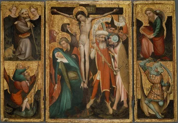 Triptykon af korsfæstelsen med helgenerne Antonius, Christoffer, Jakob og Georg, ca. 1400 (tempera og olie (anslået) på panel)