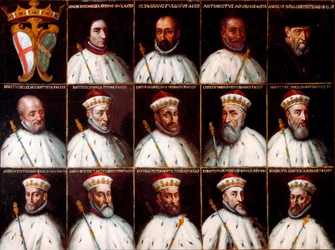Republikkens geners våbenskjold og portrætter af dogerne - Simone Boccanegra, Ottaviano Fregoso og Antoniotto II Adorno; Andrea Doria. Oberto Cattaneo Lazzari, Battista Spinola, Battista Lomellini, Cristoforo Grilaldi Rosso, Giovanni Battista Doria